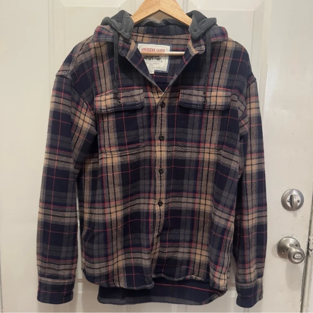 American Eagle Outfitters Men's Plaid Jacket - Navy and Tan